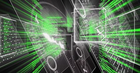 Futuristic digital holographic panels with green code