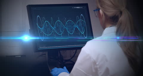 Female Doctor Analyzing Digital Data on Screen in Laboratory