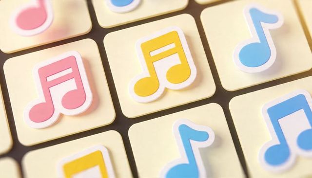 Pastel musical note stickers on cream rounded squares creating playful music grid pattern