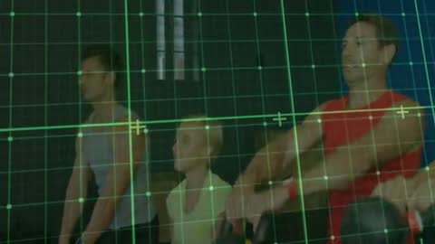 Group Performing Synchronized Kettlebell Cleans with Motion Grid for Strength Training