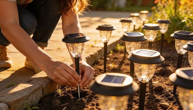 Kneeling woman installing solar pathway lights in garden at sunset