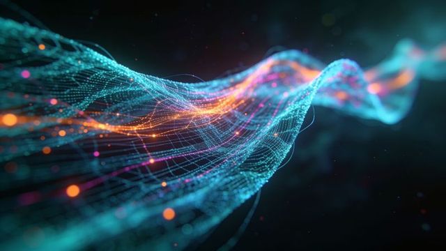 Neon wireframe data stream flowing through digital space with particle nodes