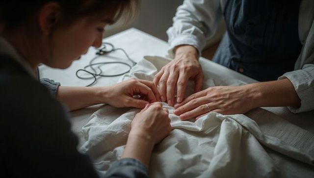 Two hands collaborating mending linen fabric by hand in home studio close-up textile craft