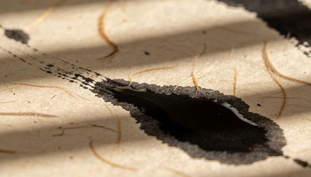 Black ink pooling in torn fibrous paper with jagged edges, macro texture and shadows