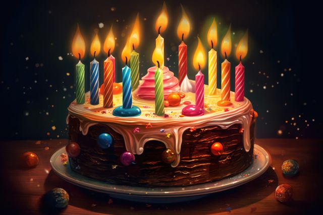 Bright, colorful birthday cake adorned with lit candles. Perfect for birthday celebration themes, party invitations, children's events, festive greeting cards, and bakery advertisements. Scene emits a joyous and festive atmosphere ideal for any celebratory occasion.