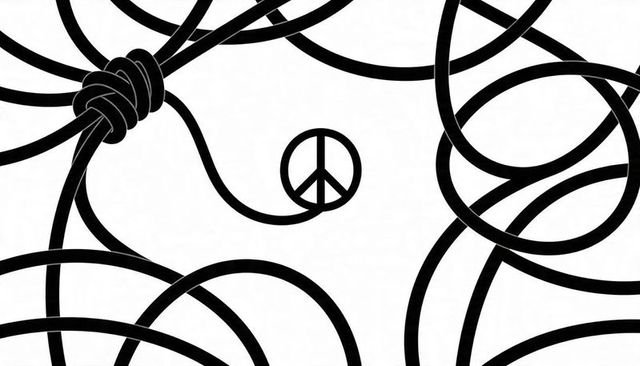 Tangled black cords forming peace symbol pendant on white minimal background, abstract concept