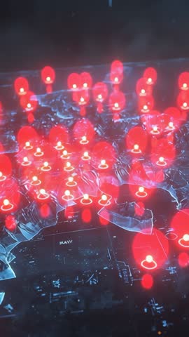 Initializing 3D Holographic Map Pulsing Red Beacons and Blue Data Tracings