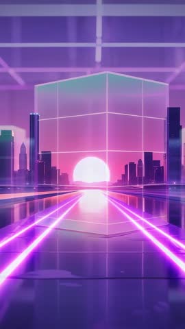 Gliding along neon grid toward glowing sun inside transparent cube over cyberpunk skyline