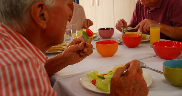Senior friends enjoying a nutritious meal together, promoting healthy and social lifestyle. Suitable for content on elderly well-being, social gatherings, nutrition, and health benefits of communal meals.