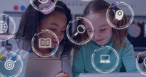 Schoolgirls using tablets with floating education icons, digital learning and teamwork