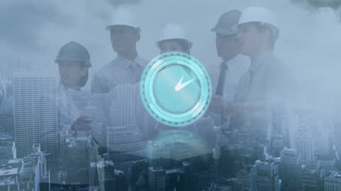 Diverse Engineers with Cityscape and Digital Clock Animation