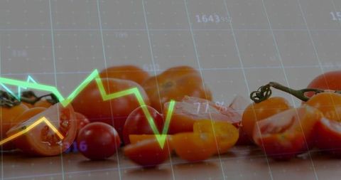 Tomato market fluctuating over fresh sliced cherry tomatoes with financial graph overlay