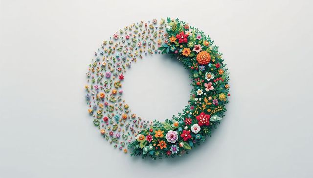 Handmade floral wreath forming circular bloom ring scattering colorful petals with foliage