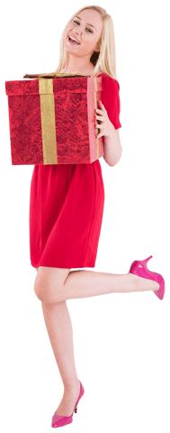 cheerful blonde in red dress with transparent gift box overlay - Download Free Stock Videos Pikwizard.com