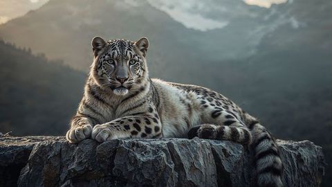 Majestic snow leopard resting on mountain ledge