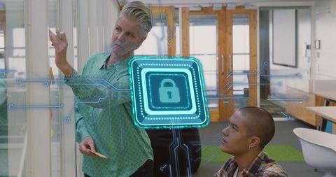 Team collaborating on cybersecurity strategy using augmented reality lock visualization