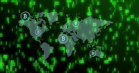 Global Network with Bitcoin Symbols and Digital Binary Code