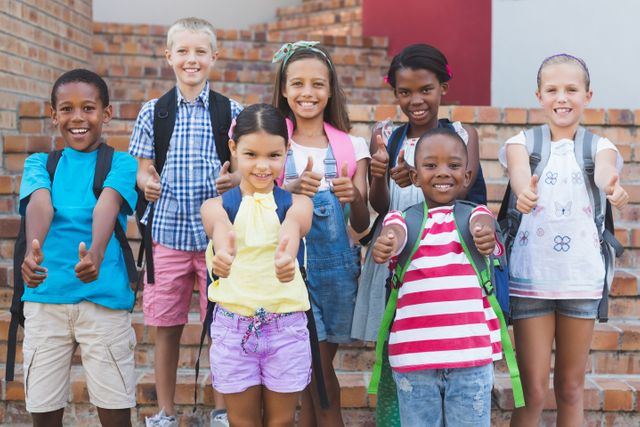 Diverse group of cheerful children standing on a school staircase, showing thumbs up and smiling. Perfect for educational materials, back-to-school promotions, and advertisements focusing on childhood, diversity, and teamwork.