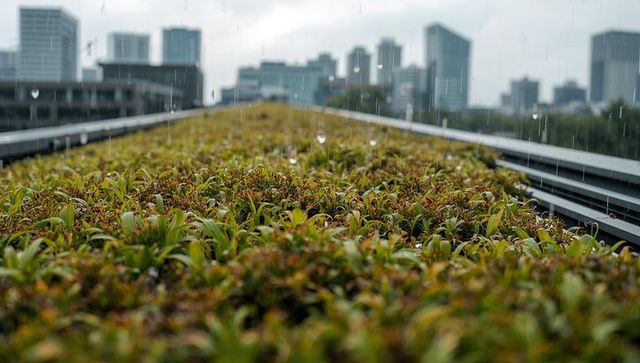 Green roof garden stretching toward city skyline in rain with droplets on urban vegetation