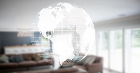 Digital Interface Globe Overlaying Modern Living Room