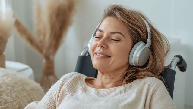 Relaxing middle-aged woman in wheelchair wearing headphones, enjoying cozy home comfort
