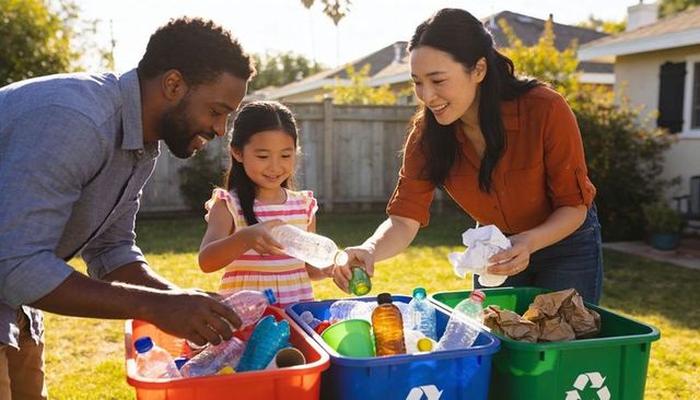 Family recycling together in backyard teaching child sustainability and waste sorting