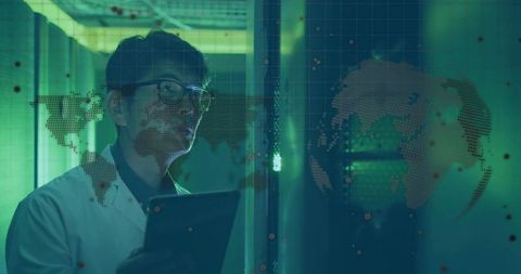 Researcher Monitoring Global Data Visualization on Glass Panel in Teal Server Corridor