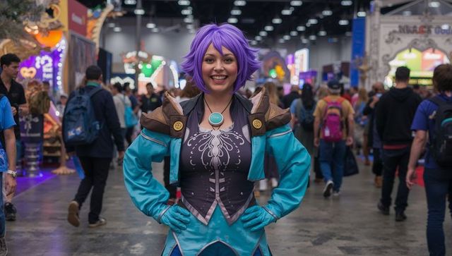 Smiling purple-wig cosplayer posing in teal-and-purple armor at crowded gaming convention