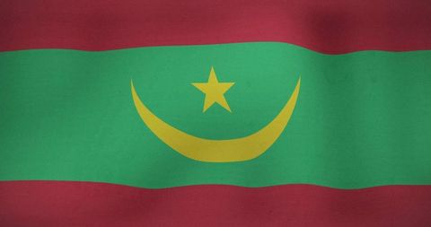 Waving Mauritania Flag Macro Closeup Showing Green Field Gold Crescent Star Red Stripes