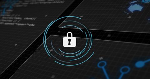 Digital encryption technology with padlock and data streams