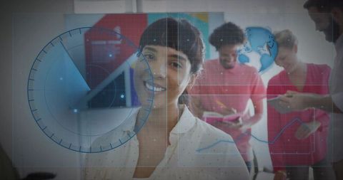 Young professional woman leading augmented reality dashboard presentation in modern office