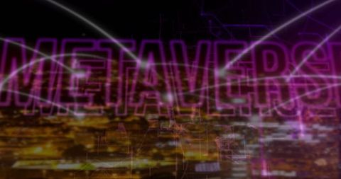Glowing magenta metaverse text over night cityscape with neon lasers and digital grid
