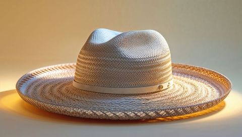 Stylish straw hat with herringbone weave in minimalist beige decor