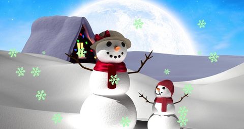 Cheerful Snowmen in Winter Wonderland with Falling Snowflakes