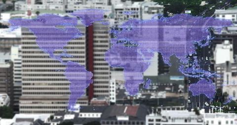 Digital world map overlay on urban cityscape highlighting global connectivity