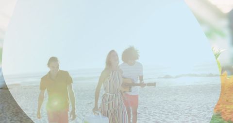 Joyful Group of Friends Enjoying a Beach Stroll with Music