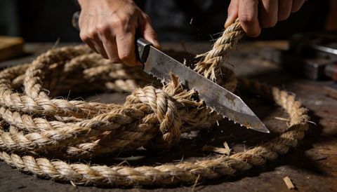 Hands cutting thick natural jute rope with serrated knife on rustic wood workbench
