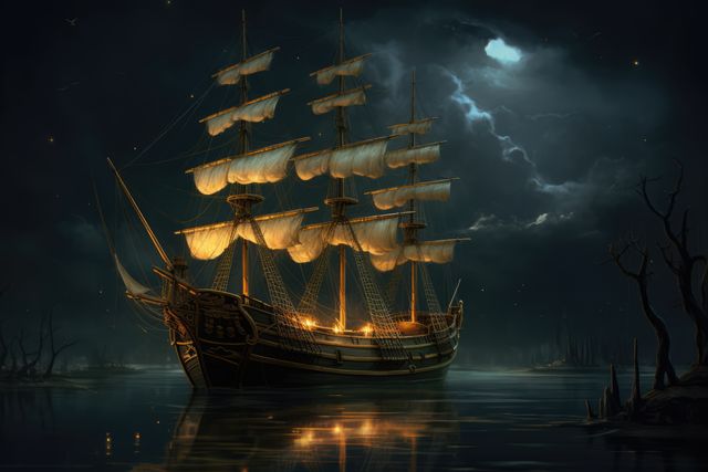 This image features a ship with glowing sails sailing through dark waters under a moonlit sky, creating a mystical and eerie atmosphere. Ideal for themes related to adventure, mystery, seafaring tales, or fantasy stories. Perfect for use in book covers, fantasy games, or creative storytelling projects.