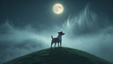 Small Dog Gazing at Starry Night Sky on Hill with Full Moon