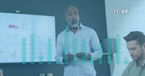 Business professionals analyzing data with digital interface visualization