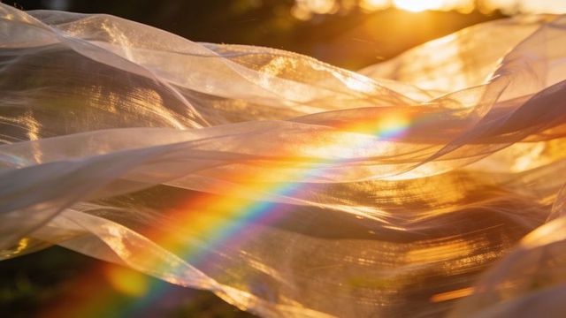 Golden hour sheer fabric flowing with prismatic rainbow band and warm sunlit shimmer