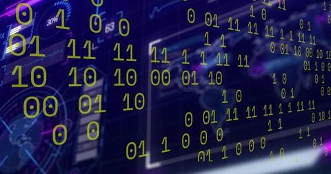 Streaming neon binary code across digital dashboards for cybersecurity and data analytics