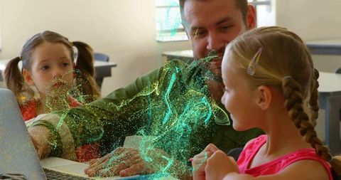 Teacher guiding young students on laptop with glowing digital swirl for stem learning