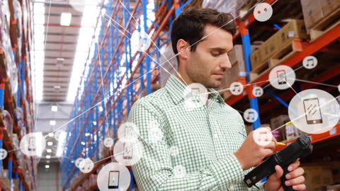 Man Utilizing Digital Technology in Warehouse Inventory Management