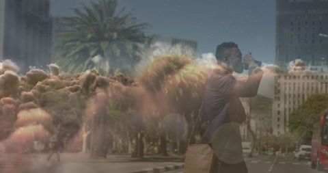 Surreal business journey double exposure city clouds