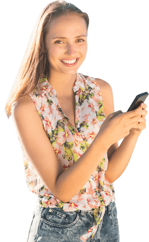 transparent background happy woman using smartphone with floral blouse - Download Free Stock Videos Pikwizard.com