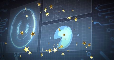 Gold stars in futuristic digital interface with gauges and grids