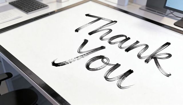 Touchscreen drawing tablet showing thank you brush lettering on modern office desk