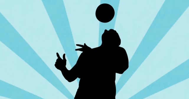 Silhouette of soccer player balancing a ball with a bright sunburst background. Useful for themes related to sports, skill, athleticism, training, and motivation. Ideal for promotional materials, sports event graphics, advertisements, and fitness motivation content.