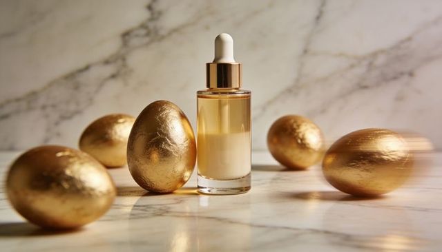 Gold-accented facial serum dropper bottle surrounded by golden eggs on marble luxury skincare